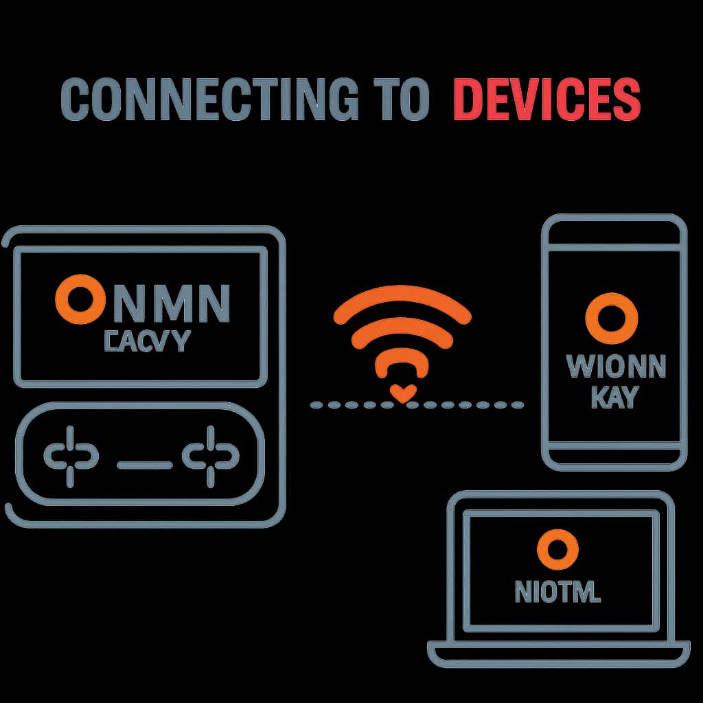 An educational diagram of the steps to connect devices to Okwin Game.