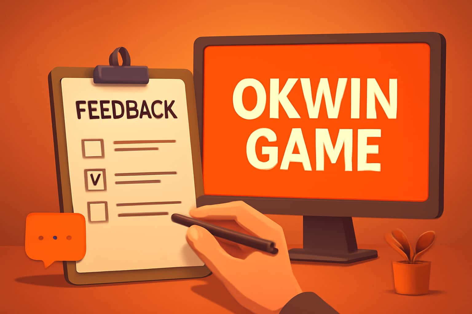 Informational scene about user feedback on Okwin Game experience.
