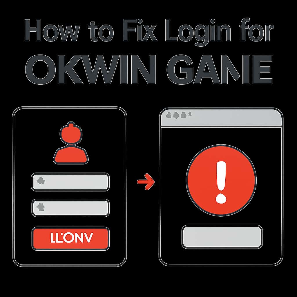An educational diagram illustrating login troubleshooting steps for Okwin Game.