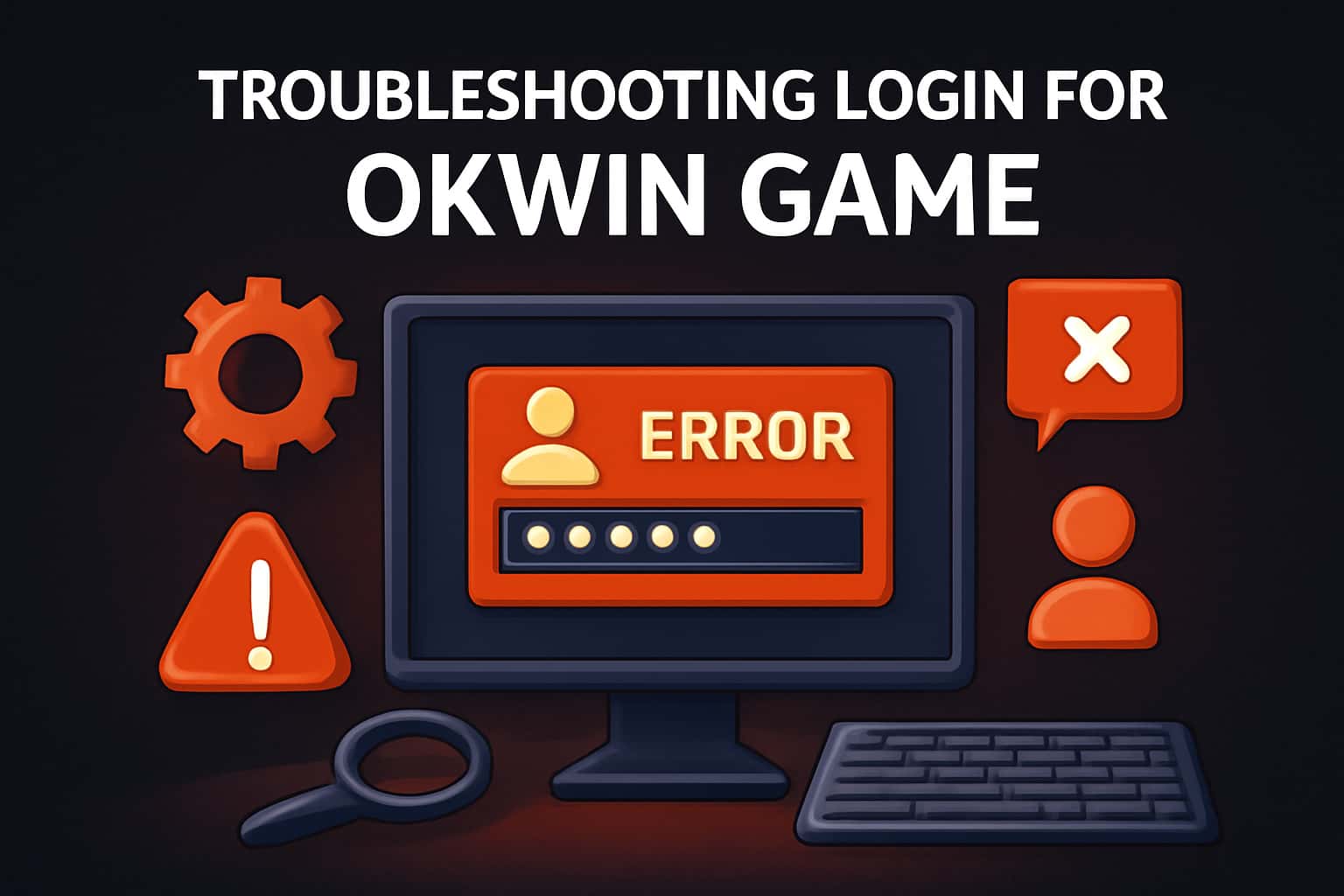 An informational scene illustrating troubleshooting login for Okwin Game with relevant text.